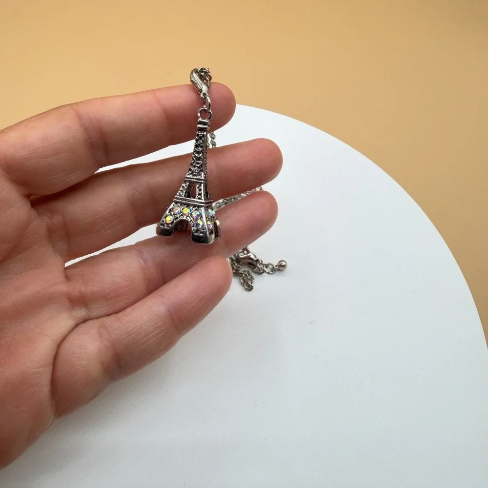 Eiffel Tower Necklace AB Rhinestone Silver Tone Paris Travel Pendant Charm Gift